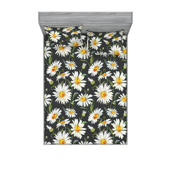 Garden Fitted Sheet & Pillow Sham Set, Vintage Watercolor Style Sunflowers and Leaves Illustrations Art, Decorative Printed 3 Piece Bedding Decor, Calking, Burnt Orange and Olive Green, by Ambesonne