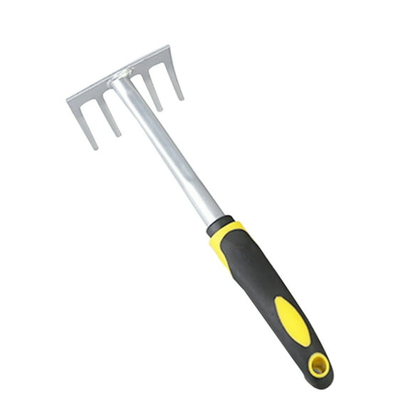Garden Five Tooth Rake Hand Tool with Yellow and Black Handle for Outdoor Soil Cultivating Aerating and Weeding Heavy Duty Steel Gardening Tool Silver Gray