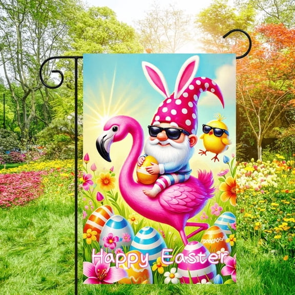 Garden Flag 1 piece, Spring double-sided garden flag - 2D flat Easter dwarf flamingo design, courtyard symbol, very suitable for courtyard, lawn and outdoor decoration, garden decoration, party decor