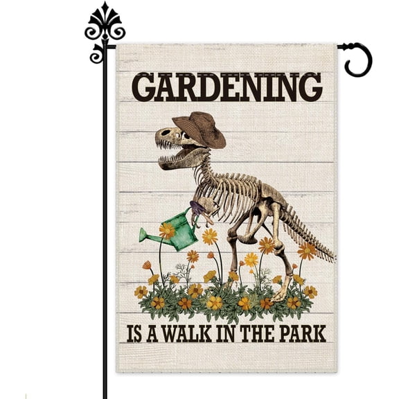 Garden Flag 12x18 Inch Double Sided Gardening is a Walk in The Park Dinosaur Skeleton Fall Outdoor Lawn Decor