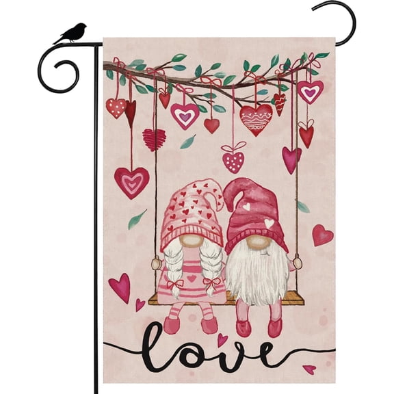 Garden Flag 12x18 Inch Double Sided Romantic Swing Gnome Love Hearts Valentine’s Day Yard Outdoor Decor