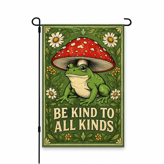 Garden Flag 12x18 Inch Frog with Red Mushroom, Daisy Flowers, and "Be Kind to All Kinds" Message Outdoor Yard, Lawn, Patio, or Porch Decor