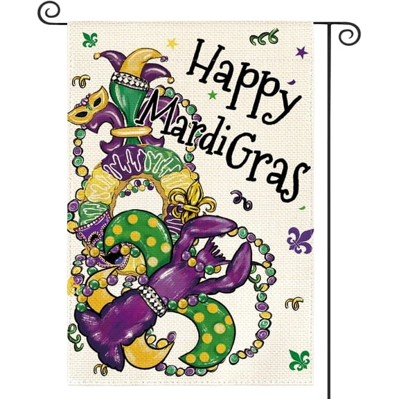 Garden Flag 12x18 Inch Happy Mardi Gras Double Sided Crawfish Donut Fleur de Lis Beads Mask Flag