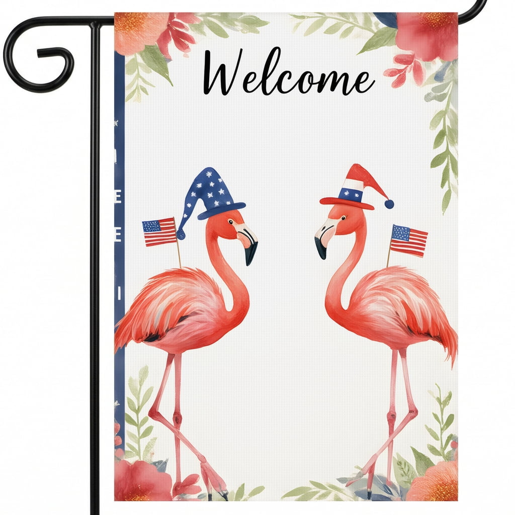 Garden Flag 250 Anniversary A Welcome Sign with Two Flamingos Wearing ...
