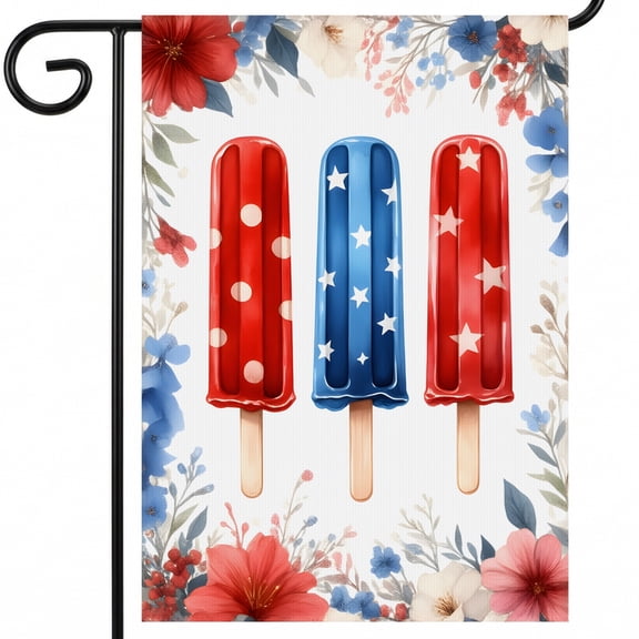 Garden Flag 4th of July Three Popsicles With Red White And Blue Stars On Them 1250 Year American Anniversary Banner 28x40 Inch Display Size Front Porch Decor