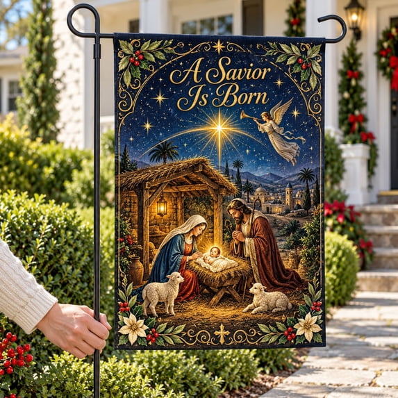 Garden Flag A Savior Is Born Nativity Stained Glass Yard Decor ...