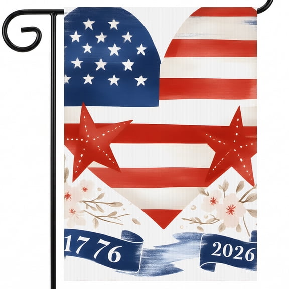Garden Flag America A heart shaped flag with a red white and blue ribbon 2026 1776 250 Year Anniversary 28x40in Large Patriotic Porch Decor