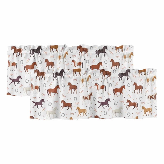 2 Pack Valances for Windows 42 x 12 Inch, Beige Brown Horses Decorative Kitchen Curtain Valance, Horseshoes Farmhouse Abstract Art Rod Pocket Short Curtains Window Treatment for Bathroom/Cafe
