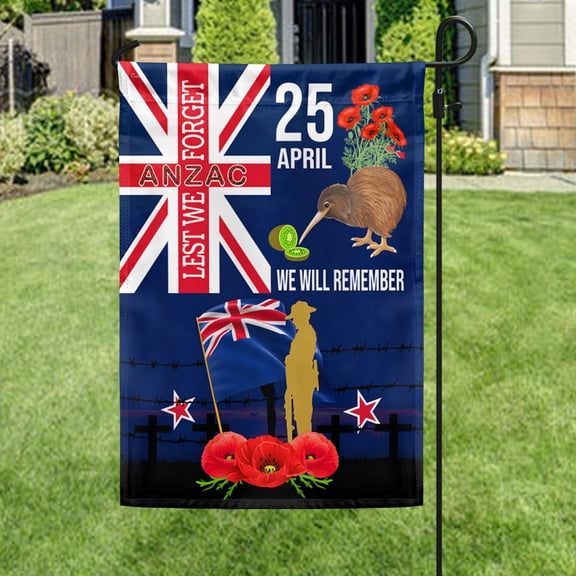 Garden Flag Anzac Day New Zealand Lest We Forget 25 April We Will Remember, Memorial, 12x18 POLE NOT INCLUDED