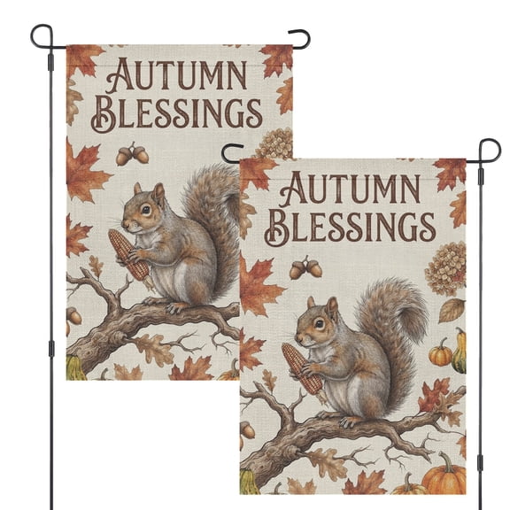 Garden Flag Autumn Blessings Text with Squirrel, Pumpkins and Falling Leaves, 12 x 18 Inch Decorative Outdoor Yard Flag for Garden Lawn Porch Entryway