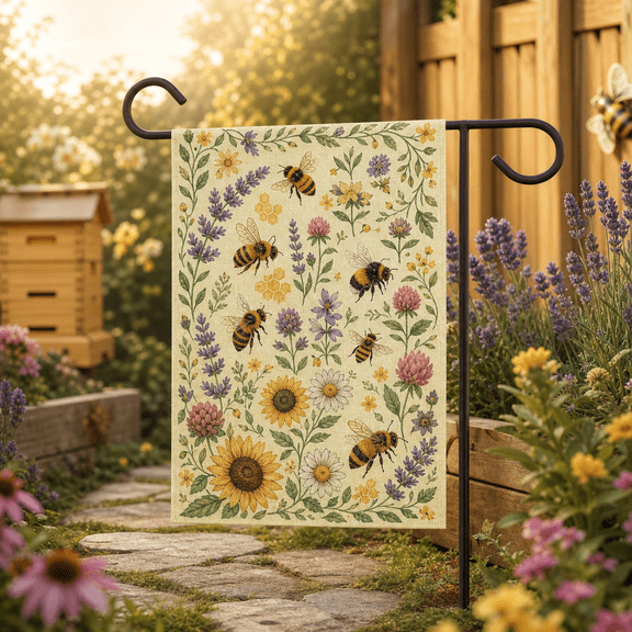 Garden Flag Bee and Wildflower Yard Decor Welcome Sign for Nature Lovers