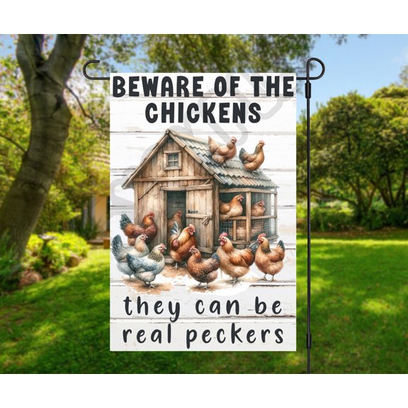 Garden Flag, Beware of Chickens Funny Farm Flag, Chicken Coop Outdoor Yard Decor, Flag Only