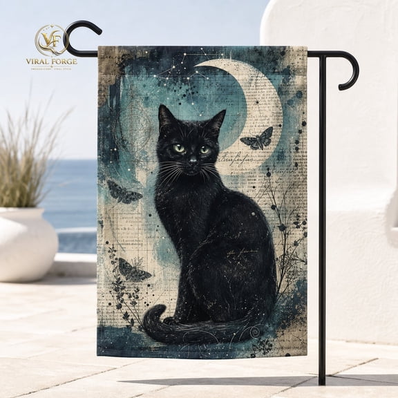 Garden Flag Black Cat Moon Vintage Gothic Polyester Porch Banner Halloween Decor