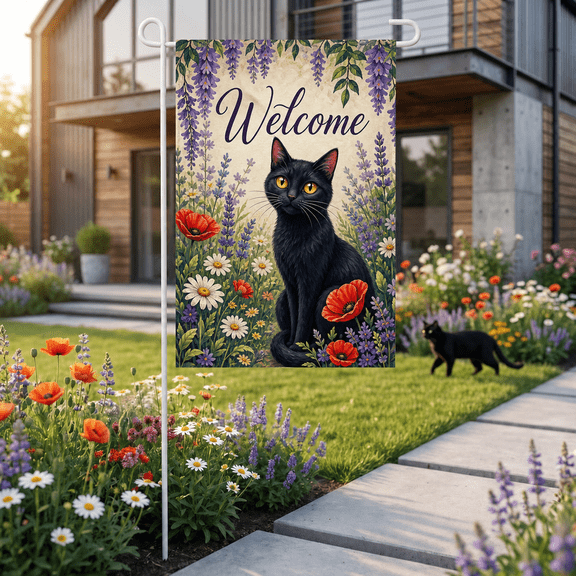 Garden Flag Black Cat Wildflower Welcome Yard Decor for Cat Lovers