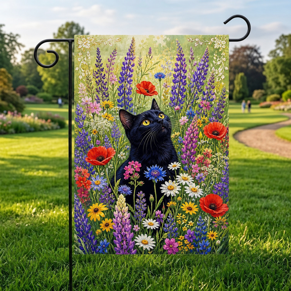 Garden Flag Black Cat and Wildflowers Welcome Yard Display for Cat Lovers