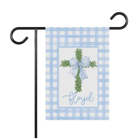 Garden Flag Blue Gingham Personalized Spring Cross Flag Christian Custom Name Porch Religious V248, 12x18 POLE NOT INCLUDED