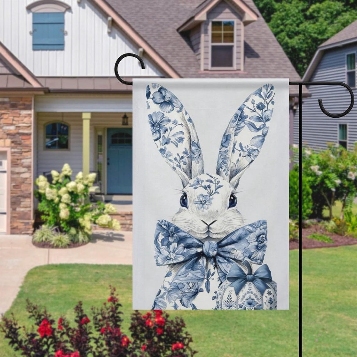 Garden Flag Blue White Porcelain Bunny Floral Bow Spring Vintage Outdoor Decor, 12x18 POLE NOT INCLUDED