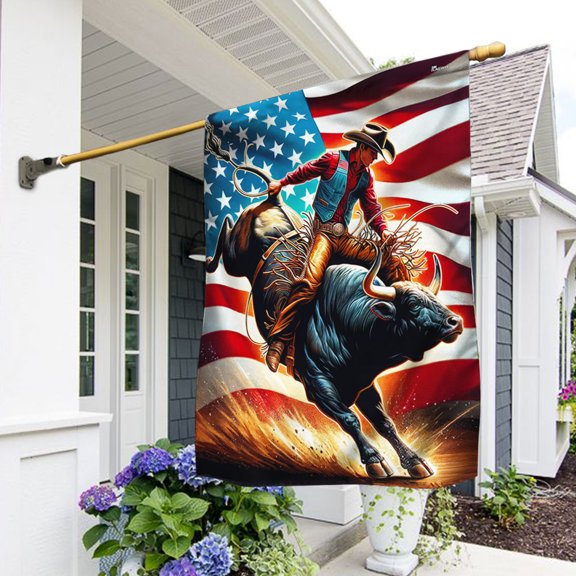 Garden Flag Bull Riding On American, Rodeo Sports, 12x18 POLE NOT INCLUDED