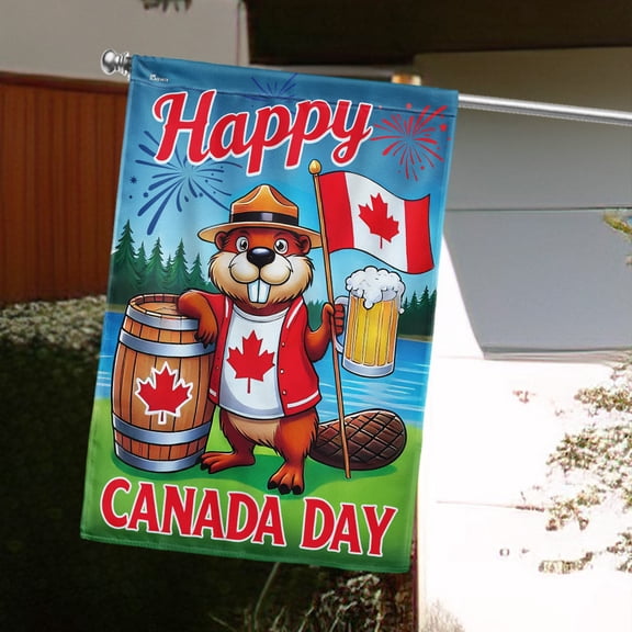 Garden Flag Canada Day Funny Beaver Drinking Beer, National Humor, 12x18 POLE NOT INCLUDED