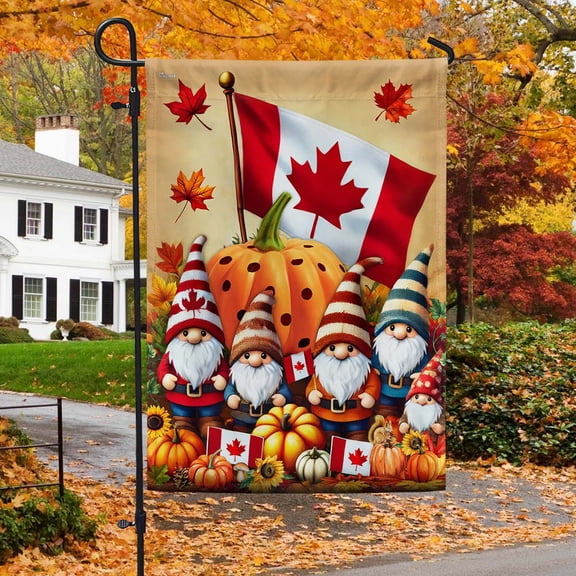 Garden Flag Canadian Fall Autumn Gnomes Canada, Northern Seasonal, 12x18 POLE NOT INCLUDED
