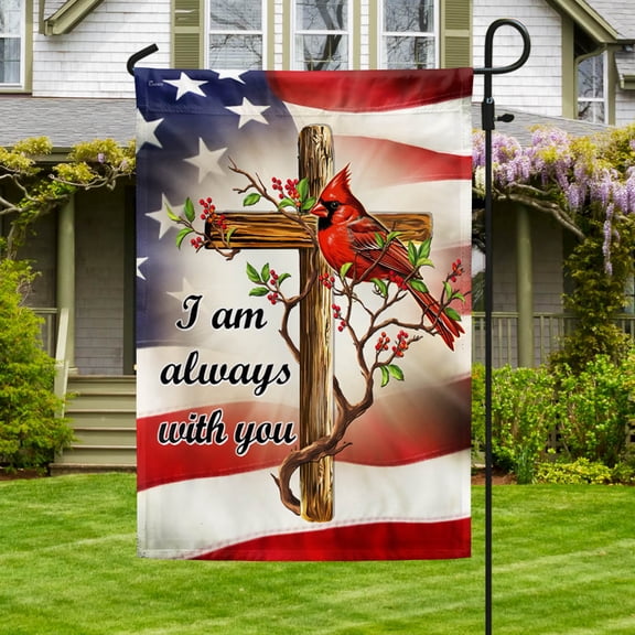 Garden Flag Cardinal Christian Cross I Am Always With You On American, Sympathy, 12x18 POLE NOT INCLUDED