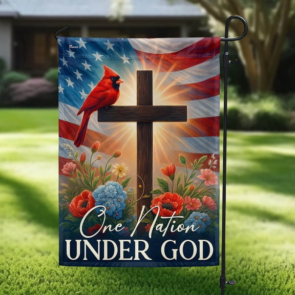 Garden Flag Cardinal Christian Cross On American One Nation Under God, Religious, 12x18 POLE NOT INCLUDED