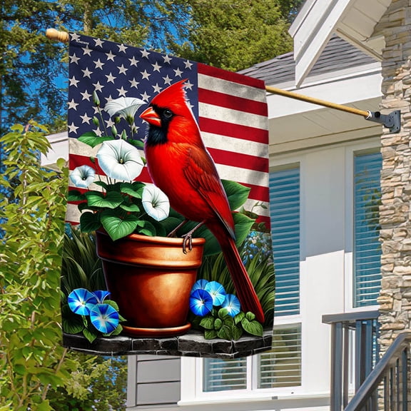 Garden Flag Cardinal Floral On American, Nature Patriot, 12x18 POLE NOT INCLUDED