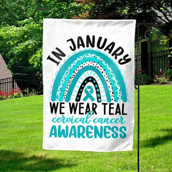Garden Flag Cervical Cancer Awareness Teal Ribbon January Survivor Support Decor V4, 12x18 POLE NOT INCLUDED