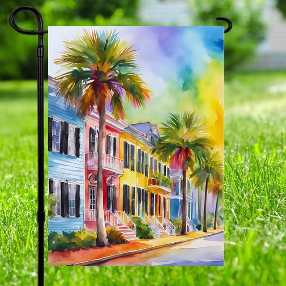 Garden Flag Charleston Rainbow Row Flag Palm Tree Southern Outdoor Decoration, 12x18 POLE NOT INCLUDED