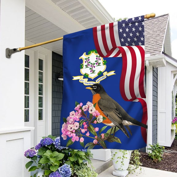 Garden Flag Connecticut State American Robin Bird and Mountain Laurel Flower, Constitution State, 12x18 POLE NOT INCLUDED