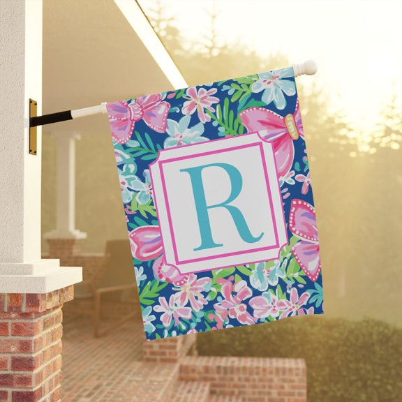 Garden Flag Custom Flag Initial Preppy Outdoor Banner Floral Monogram Coquette Decor V282, 12x18 POLE NOT INCLUDED