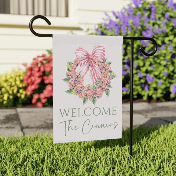 Garden Flag Custom Hydrangea Flag Preppy Bow Name Sign Personalized Decor V313, 12x18 POLE NOT INCLUDED