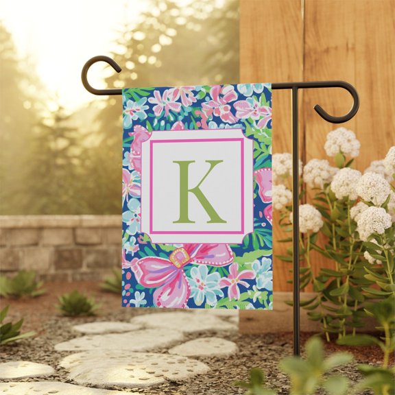 Garden Flag Custom Initial Flag Coquette Monogram Banner Pink Bows Preppy Decor V284, 12x18 POLE NOT INCLUDED