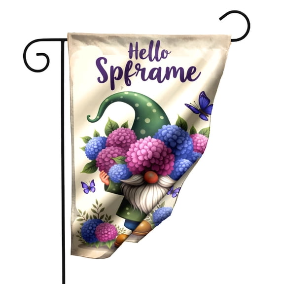 Garden Flag with Cute Gnome Design Featuring Hello Sprigrame Text, Double Sided Polyester Outdoor Decorative Flag for Yard Patio Garden Decor, 12.5x18 Inch Colorful Hydrangeas and Butterflies Theme
