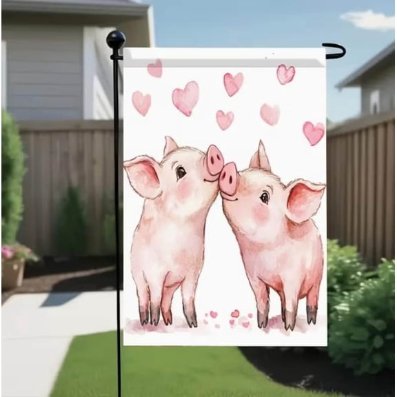 Garden Flag Cute Pink Pig Valentines Day Animal Seasonal Porch Decoration, 12x18 POLE NOT INCLUDED