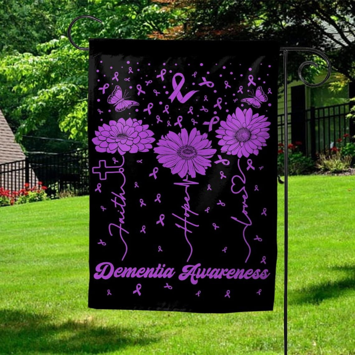 Garden Flag Dementia Awareness Purple Ribbon Memory Loss Support Outdoor Decor, 12x18 POLE NOT INCLUDED