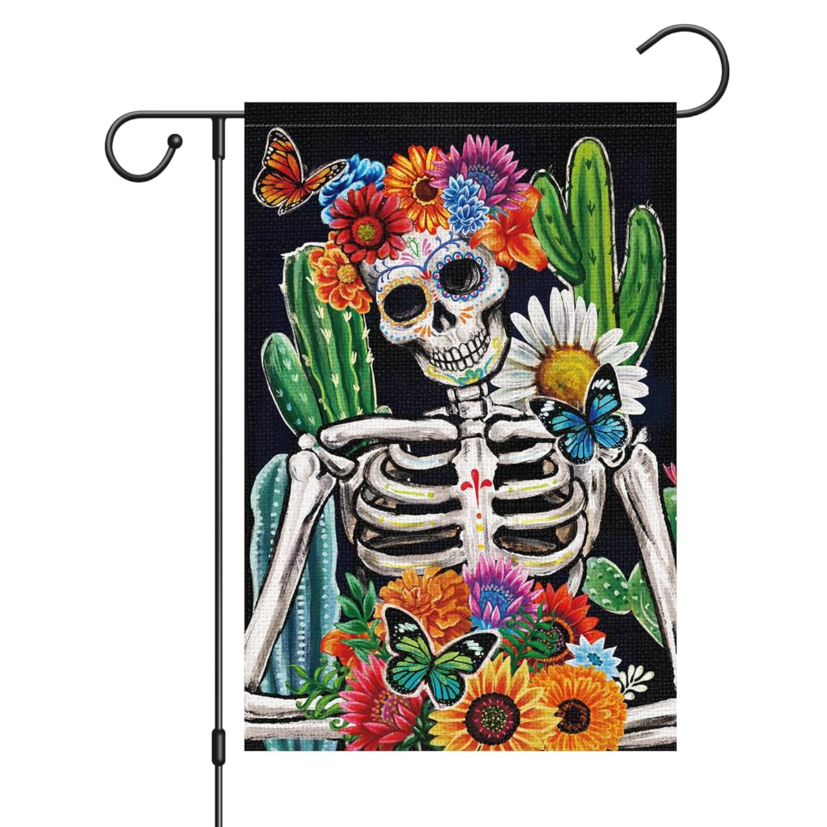 Garden Flag Dia de los Muertos Skull Skeleton Flower Flag Outdoor Seasonal Decoration, 12x18 POLE NOT INCLUDED