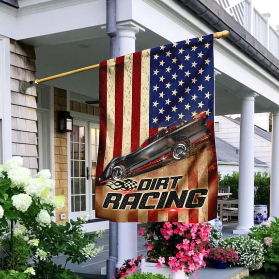 Garden Flag Dirt Late Model On American, Racing Fan, 12x18 POLE NOT INCLUDED