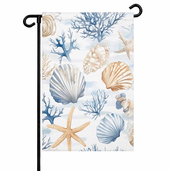 Garden Flag Double-Side Printed House Flag Beach Marine Life Yard Flag Starfish Shell Welcome Banner Decor Outdoor Holiday Decorations 12*18in