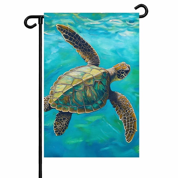 Garden Flag Double-Side Printed House Flag Brown Turtle Yard Flag Ombre Blue Ocean Welcome Banner Decor Outdoor Holiday Decorations 12*18in