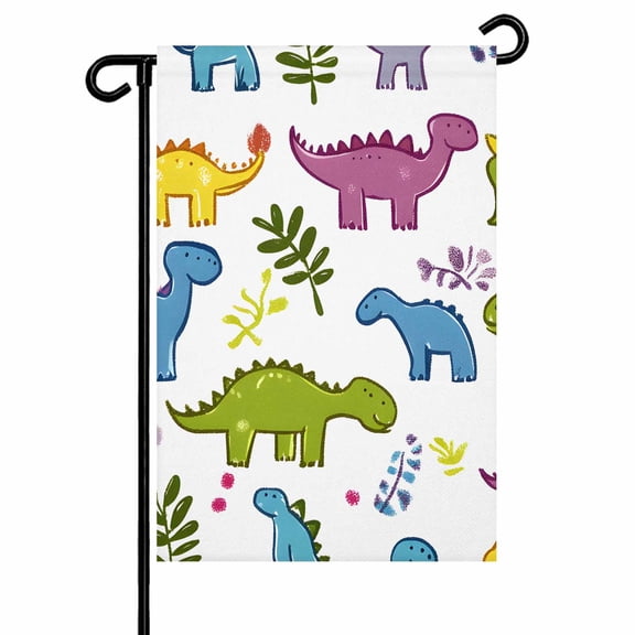 Garden Flag Double-Side Printed House Flag Cartoon Dinosaur Yard Flag Cute Hand Drawn Welcome Banner Decor Outdoor Holiday Decorations 12*18in
