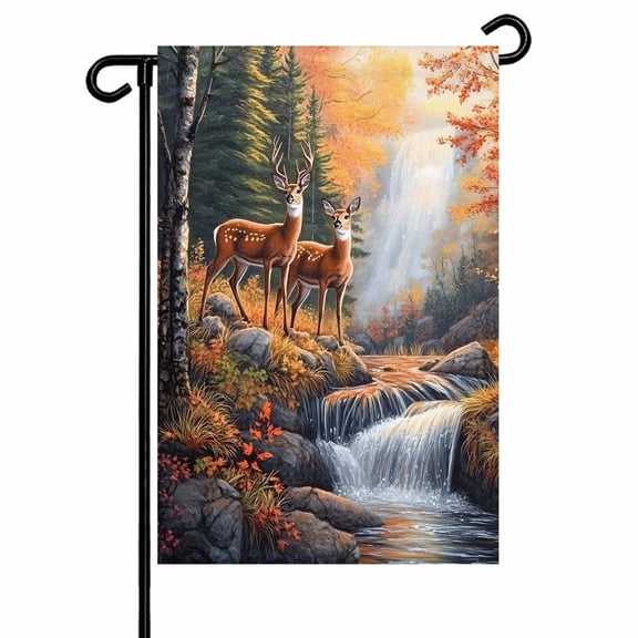 Garden Flag Double-Side Printed House Flag Deer Yard Flag Mount Leaves Forest River Welcome Banner Decor Outdoor Holiday Decorations 28*40in