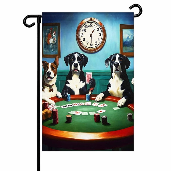 Garden Flag Double-Side Printed House Flag Dog Playing Poker Yard Flag Abstract Cartoon Art Welcome Banner Decor Outdoor Holiday Decorations 12*18in