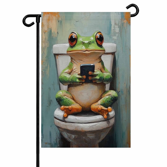Garden Flag Double-Side Printed House Flag Frog Sits on The Toilet Yard Flag Funny Frog Welcome Banner Decor Outdoor Holiday Decorations 28*40in