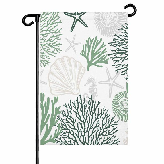 Garden Flag Double-Side Printed House Flag Green Shell Yard Flag Starfish Coral Marine Life Welcome Banner Decor Outdoor Holiday Decorations 12*18in