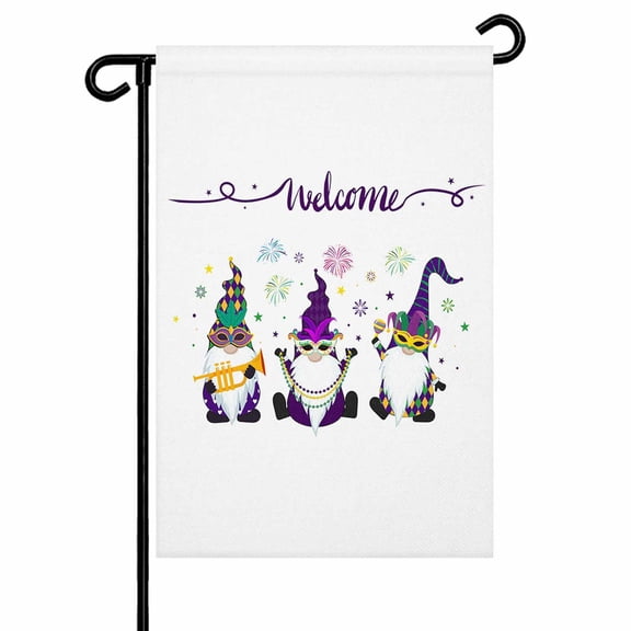 Garden Flag Double-Side Printed House Flag Happy Mask Gnomes Yard Flag Mardi Gras Gnomes Welcome Banner Decor Outdoor Holiday Decorations 12*18in