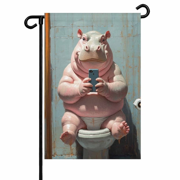 Garden Flag Double-Side Printed House Flag Hippopotamus Sits on The Toilet Yard Flag Funny Hippopotamus Welcome Banner Decor Outdoor Holiday Decorations 12*18in