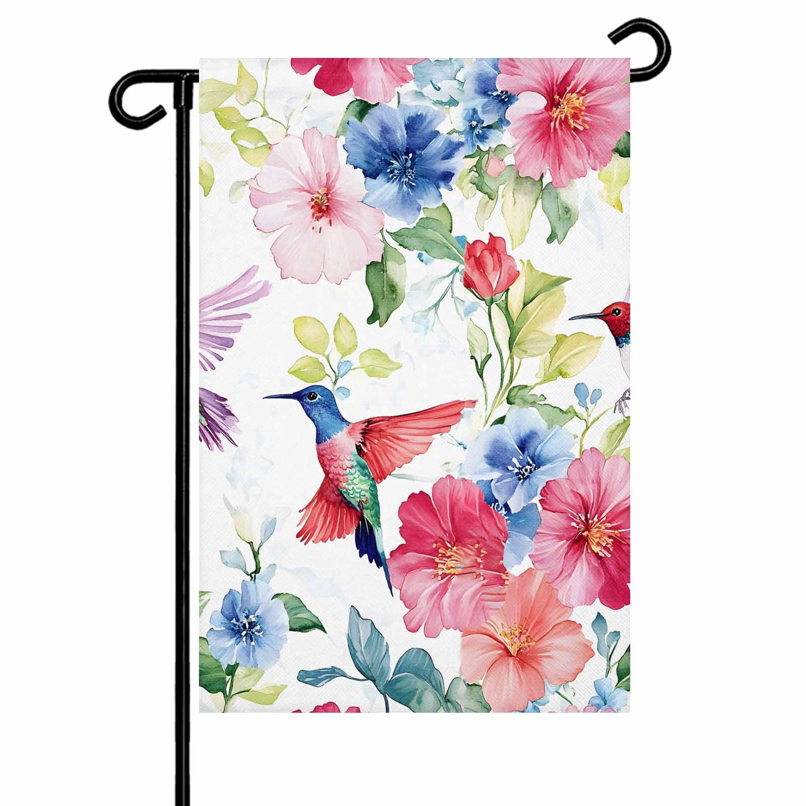 Garden Flag Double-Side Printed House Flag Hummingbird Yard Flag Watercolor Bird Flower Welcome Banner Decor Outdoor Holiday Decorations 28*40in