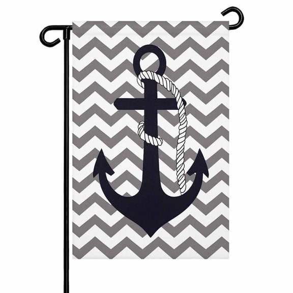 Garden Flag Double-Side Printed House Flag Nautical Anchor Yard Flag Grey Stripe Waves Welcome Banner Decor Outdoor Holiday Decorations 12*18in