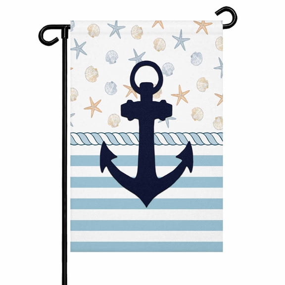 Garden Flag Double-Side Printed House Flag Nautical Anchor Yard Flag Ocean Blue Stripes Marine Life Welcome Banner Decor Outdoor Holiday Decorations 12*18in